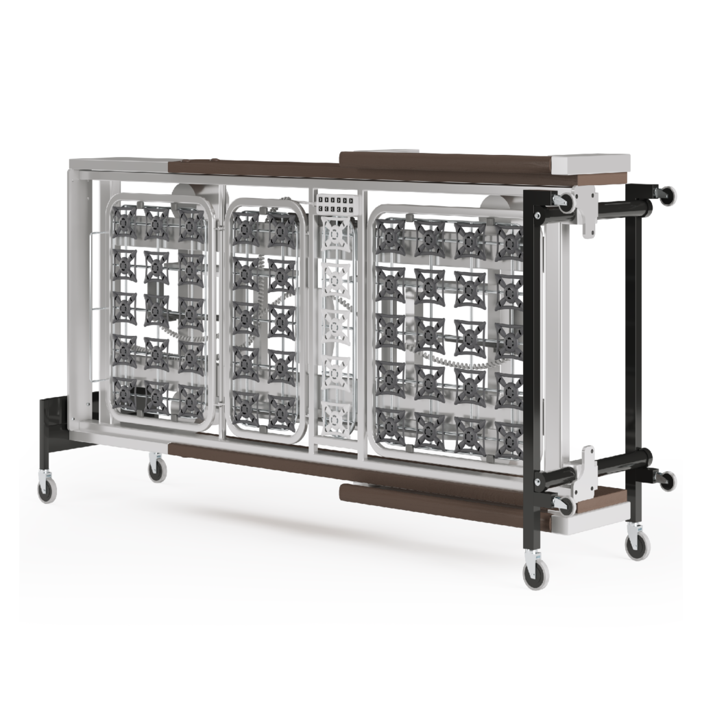 Modular buffet station on wheels with transparent food display compartments, featuring Elementor.
