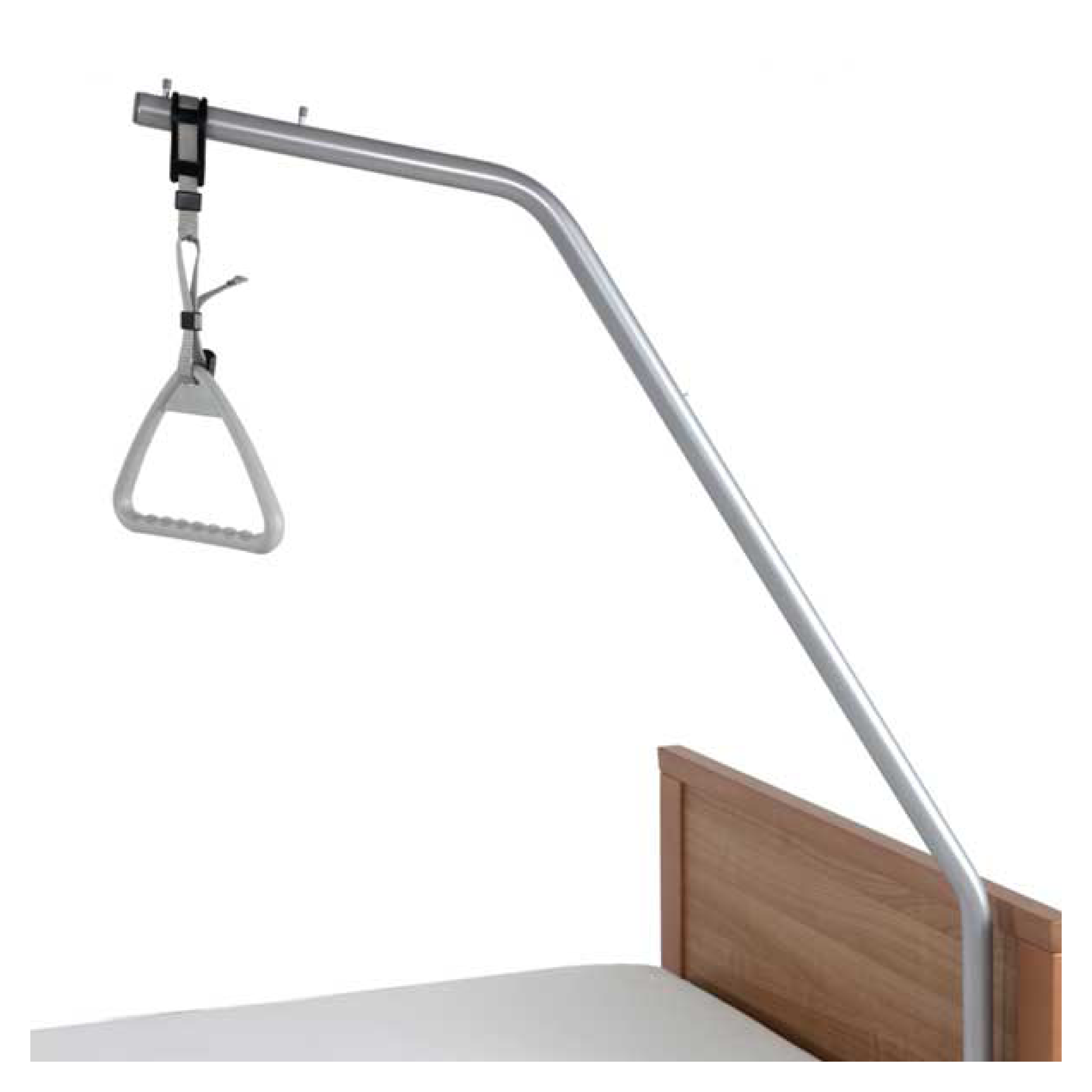Over-bed hospital table with adjustable triangular grip handle, #15395.