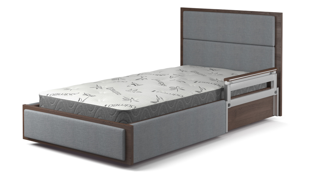 Modern single bed with gray upholstered headboard and frame, featuring built-in side storage drawers, isolated on a white background.