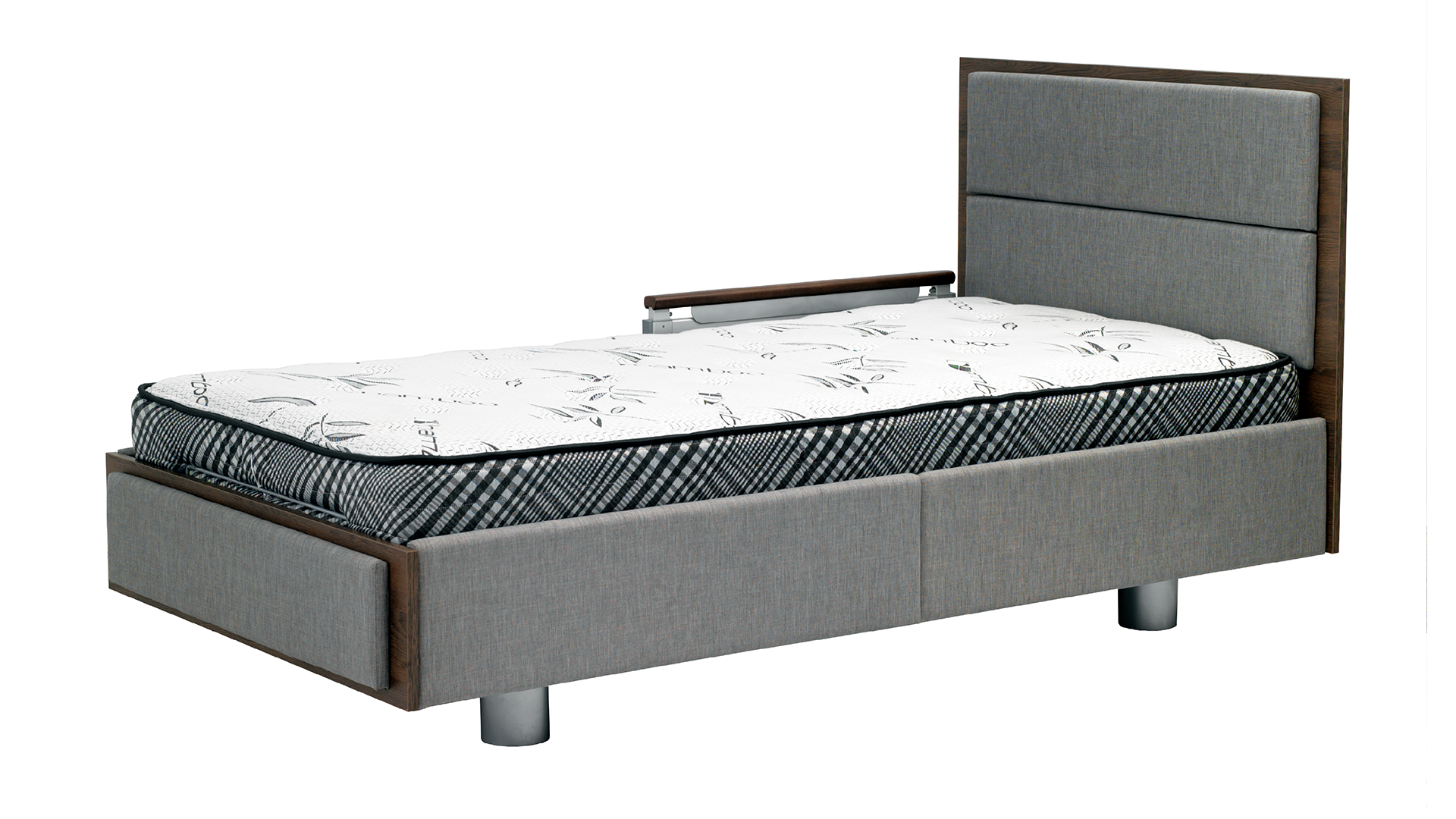 Modern single bed with a patterned mattress, gray upholstered frame and headboard, featuring a side storage drawer and metal legs, isolated on a white background.