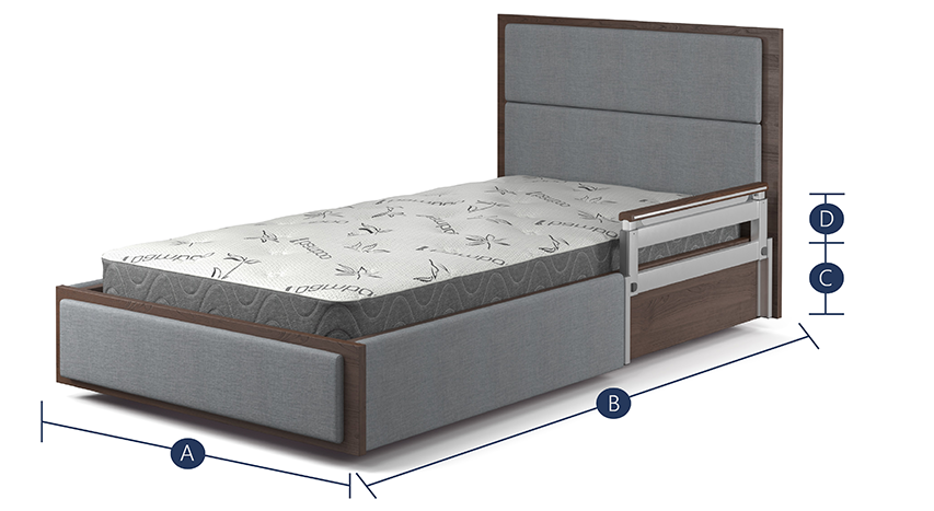 Illustration of a gray upholstered bed with a labeled diagram showing parts a, b, c, and d, focusing on its structure and dimensions.