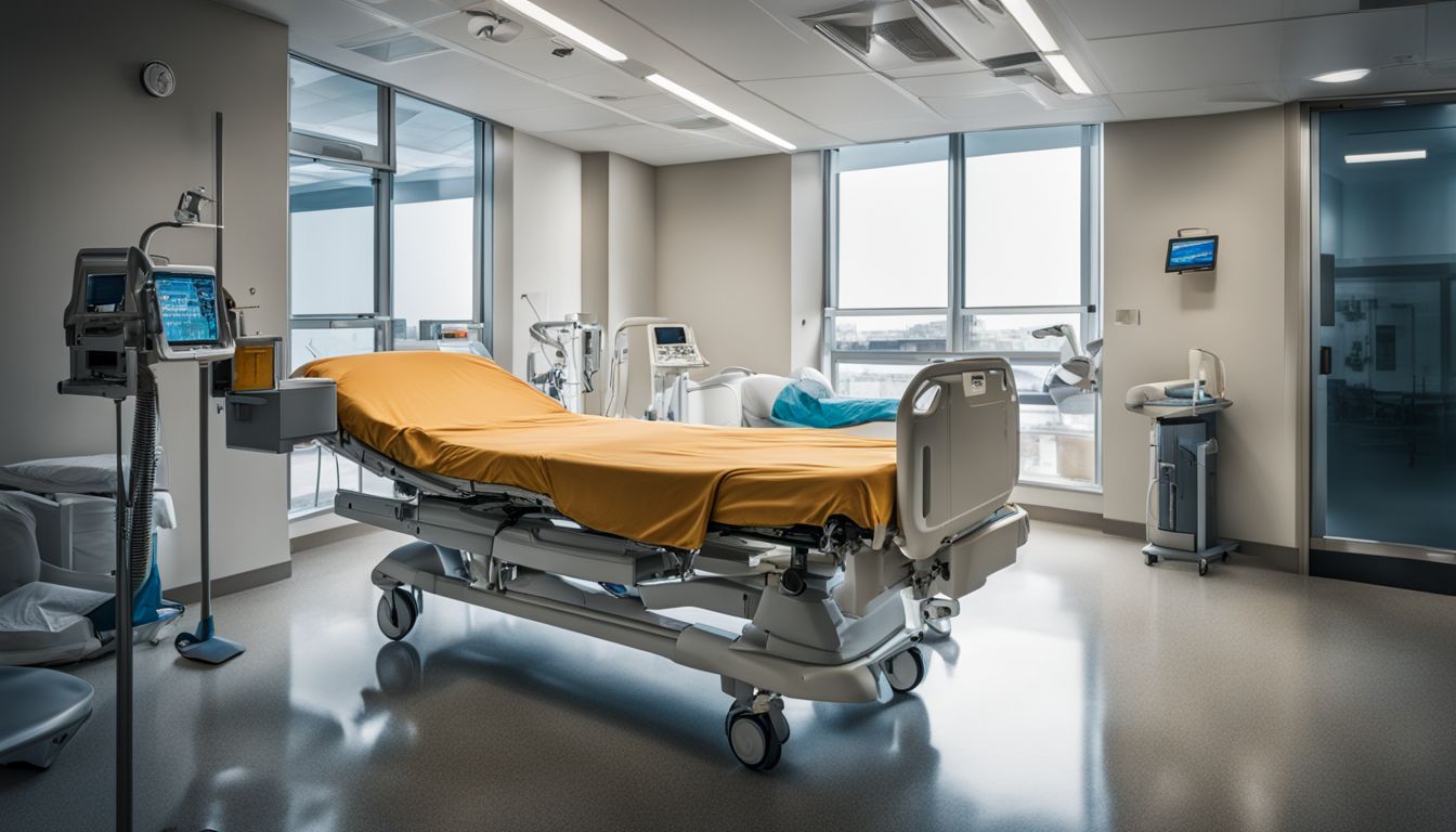 A modern hospital bed with load sensors in a bustling medical facility.
