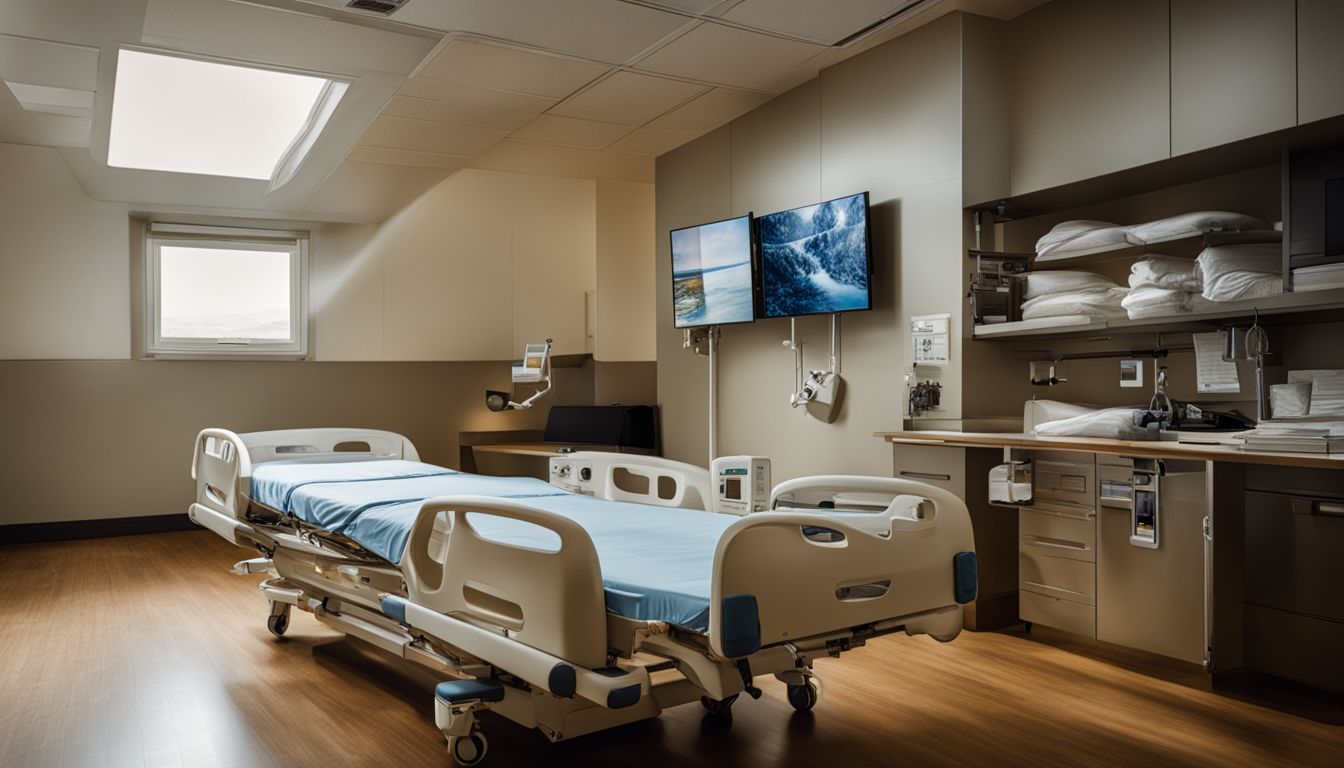 A perfectly made hospital bed in a bustling hospital interior.