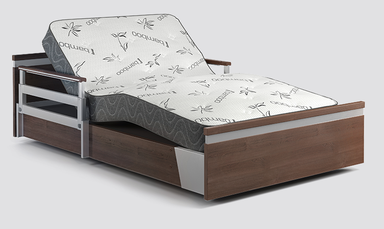 Aura Premium 48" bed with a wooden frame and a patterned mattress.