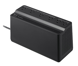 Black uninterruptible power supply (UPS) with six outlets on the top, a power button, and a connected power cord.