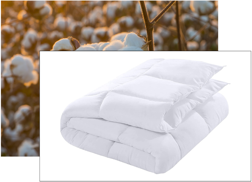 A white folded comforter is placed in the foreground. In the background, there is a blurred image of a cotton field.