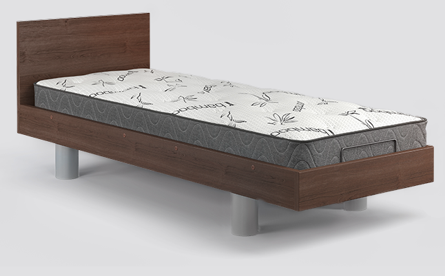 Single wooden bed frame with headboard, featuring a patterned mattress on top. The bed has cylindrical silver legs and is placed against a plain light background.