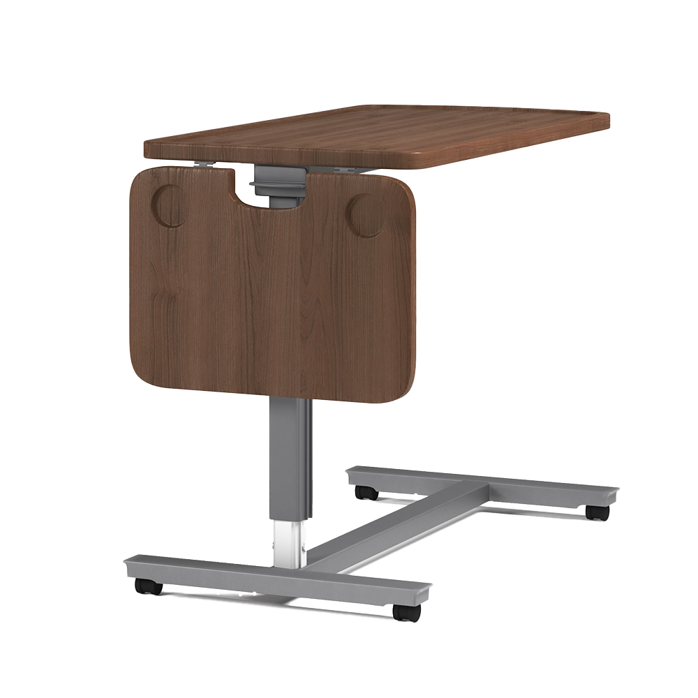 The SonderCare adjustable wooden side table features a sleek metal base with wheels for easy mobility.