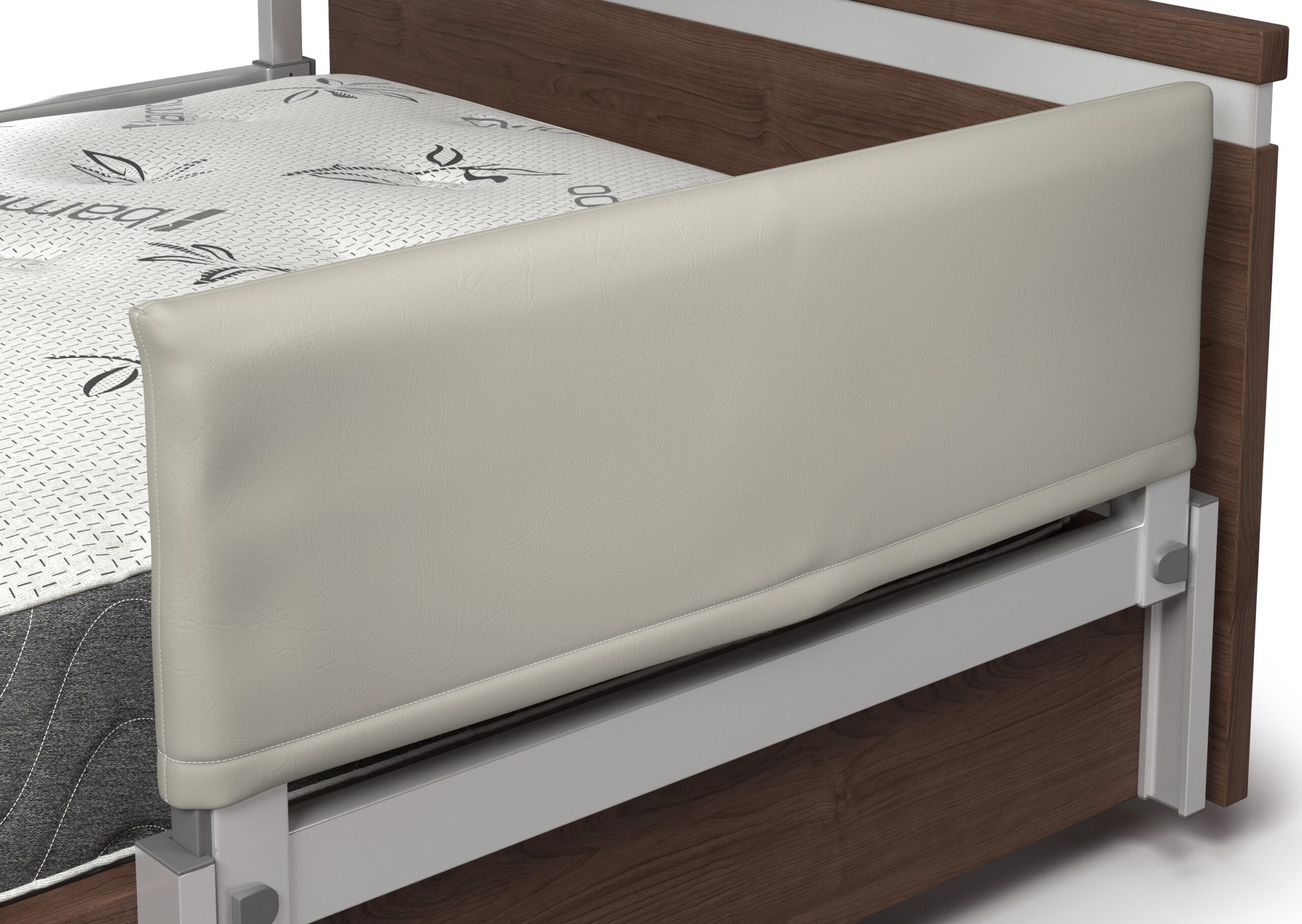 Bed with a wooden frame, white mattress, and a padded beige side rail.