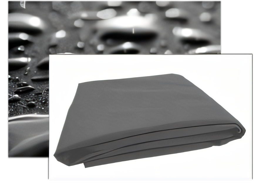 Folded waterproof fabric sheet on top of a background with water droplets.
