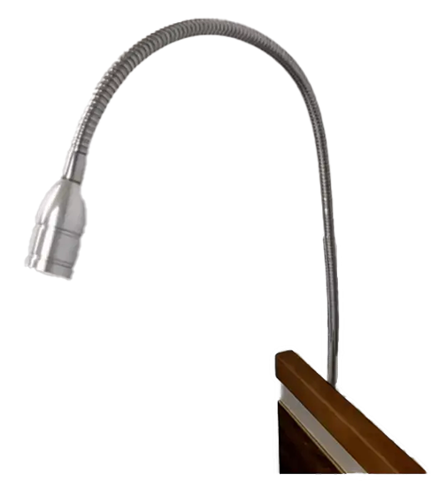A flexible, metallic ImpulseEssence39 gooseneck lamp is attached to the edge of a wooden surface and extends upward and outward.