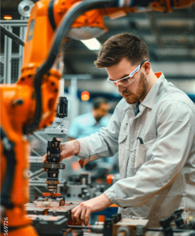 A man in safety glasses operates a robotic arm in an industrial setting, adjusting parts on a manufacturing assembly line as part of the IBEE project, scheduled for completion by Feb 2025.
