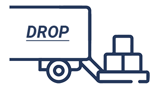 An icon of loading truck written "drop" in blue color.