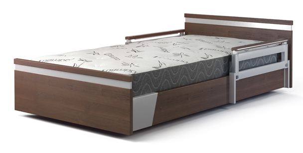A Aura Preimum 39 single wooden bed with a headboard, side rails, and a patterned mattress, featuring metal accents and a storage drawer underneath.