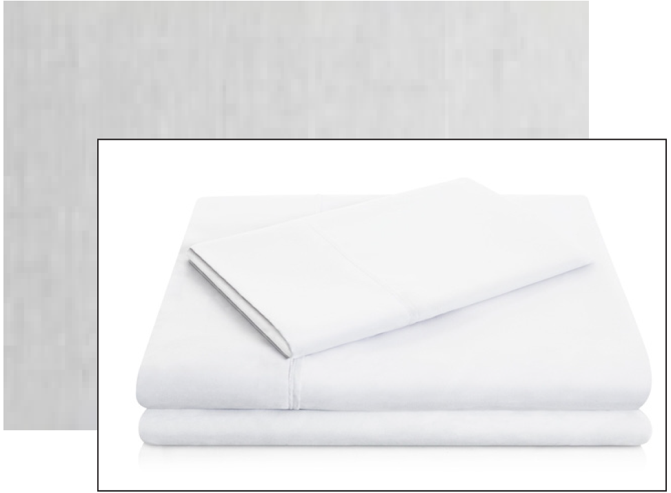 A neatly folded stack of white bed sheets and pillowcases is displayed on a plain white background.