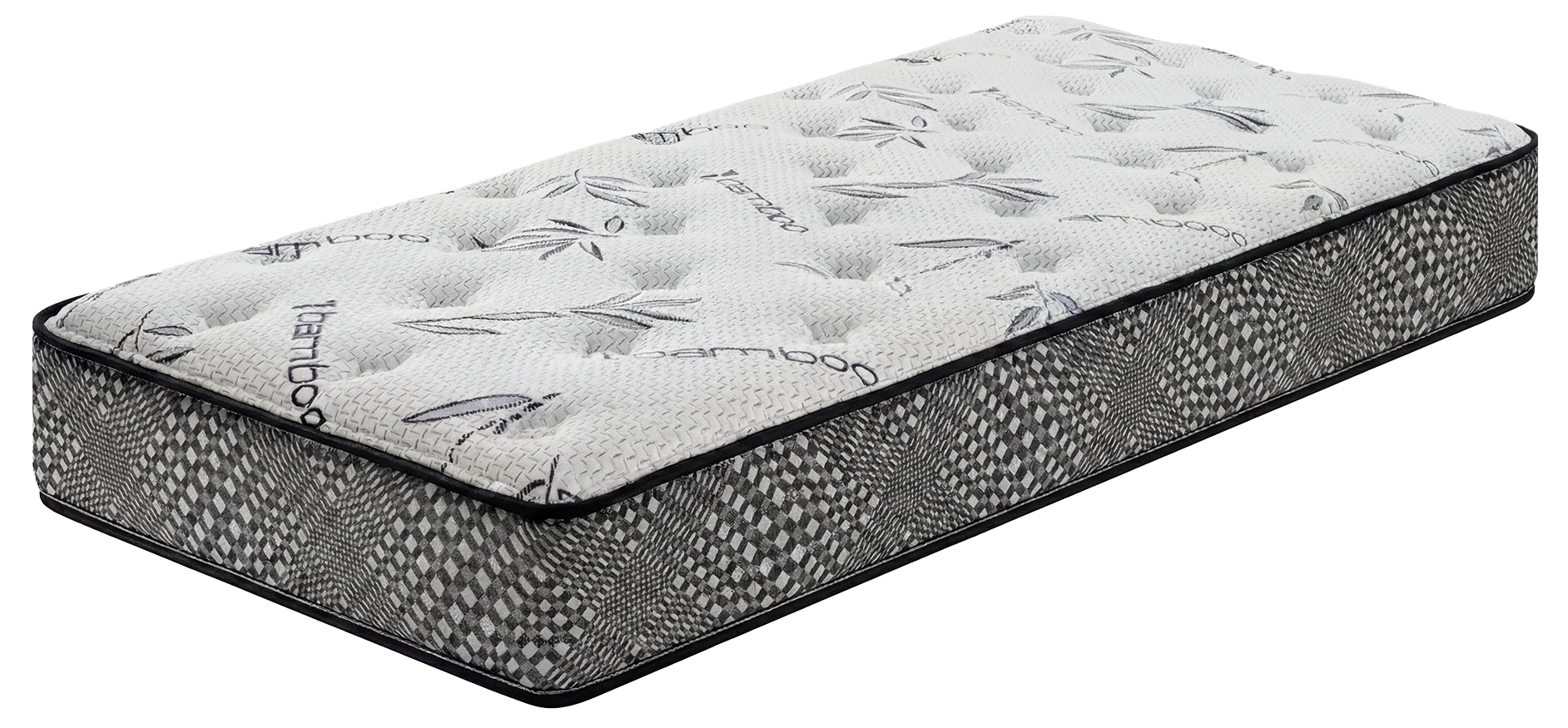 A black and white patterned queen-sized dream mattress with a quilted top and geometric trim on the sides, photographed against a plain black background.