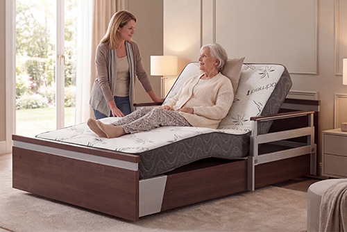 An image a older mother sitting on a bed with her daughter standing beside her. 
