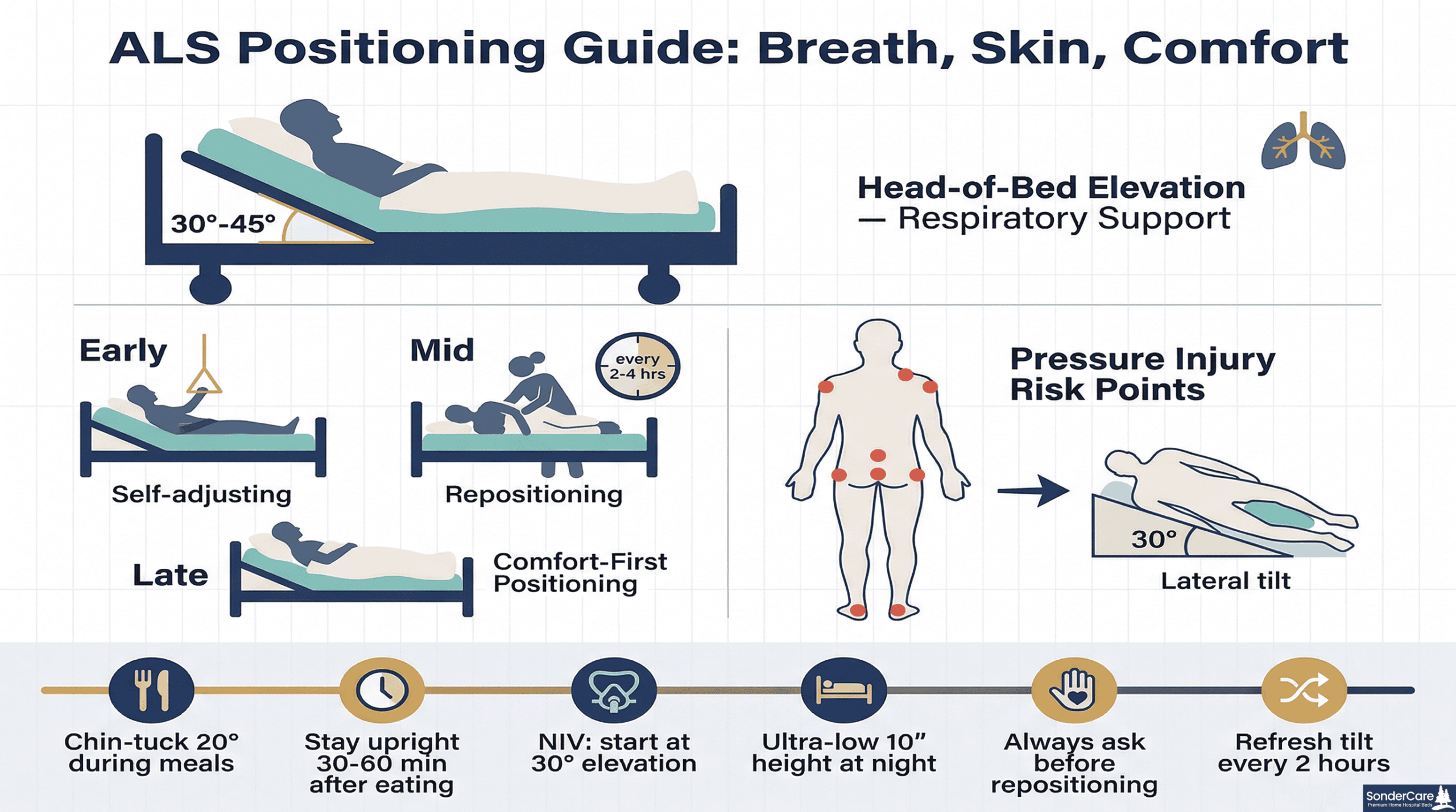 ALS Positioning Guide infographic showing head-of-bed elevation angles, pressure injury risk points, disease stage positioning progression, and six daily positioning tips for breath, skin, and comfort