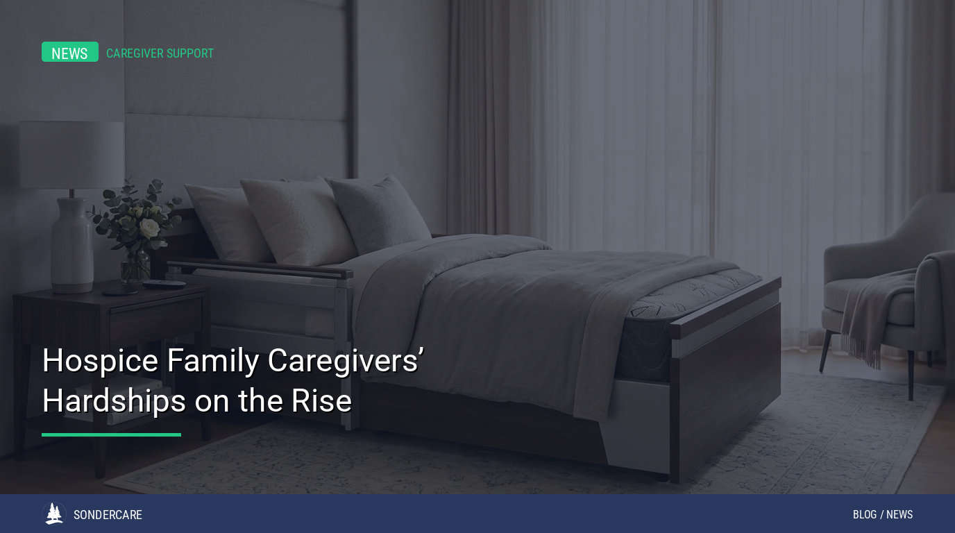 Modern bedroom with a neatly made bed, side table, and lamp. Text overlay reads, “Hospice Family Caregivers’ Hardships on the Rise.”.