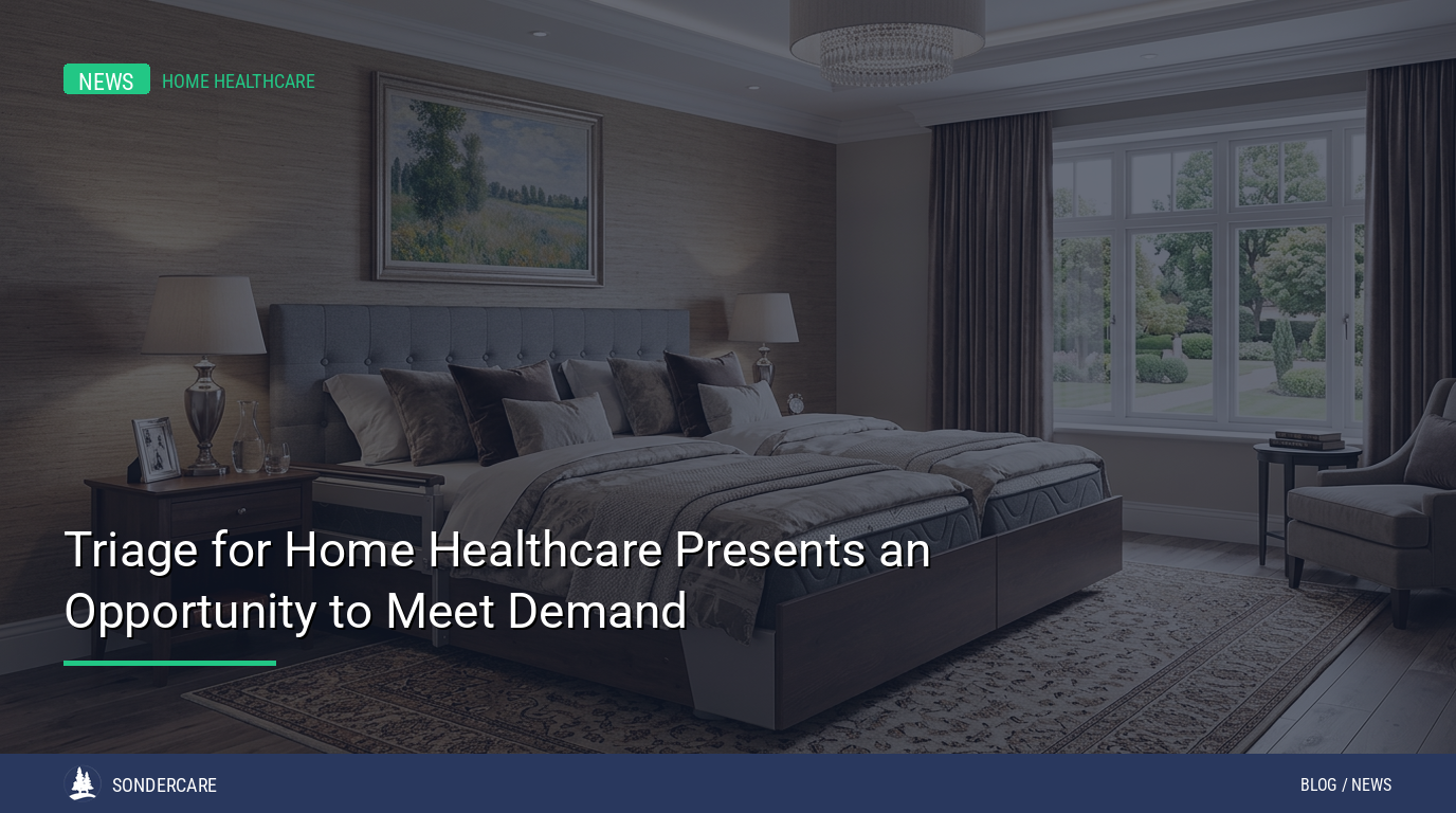 Modern bedroom with neatly made bed, large window, armchair, and decorative elements, overlaid with a headline about triage for home healthcare.