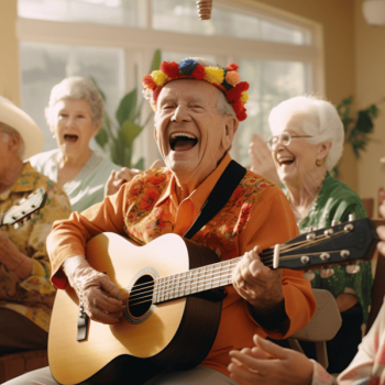 A group of elderly people singing and playing guitar in a memory care program.