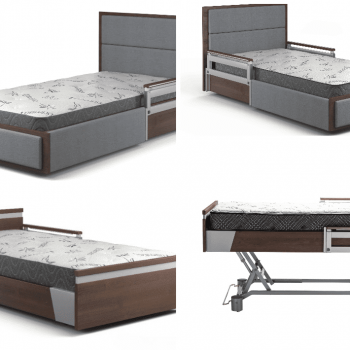 a set of four photos of a bed with drawers.
