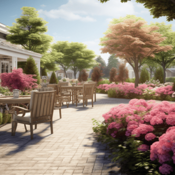 A 3d rendering of a garden with pink flowers.