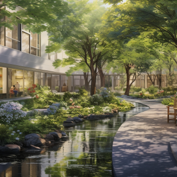 An artist's rendering of a courtyard with trees and plants.