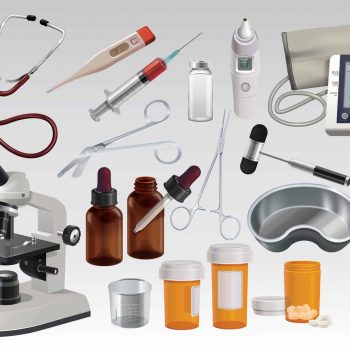 a collection of medical items including a microscope, a stethoscope, a.