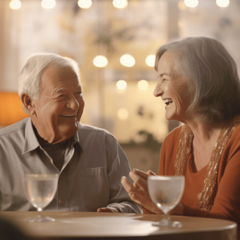 An older couple laughing at a table.