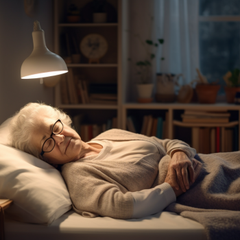An elderly woman is laying in bed at night.